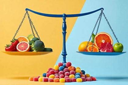 A conceptual image depicting a scale balancing nutritious foods against freeze-dried candies, with a background overlay illustrating the stages of wound healing.