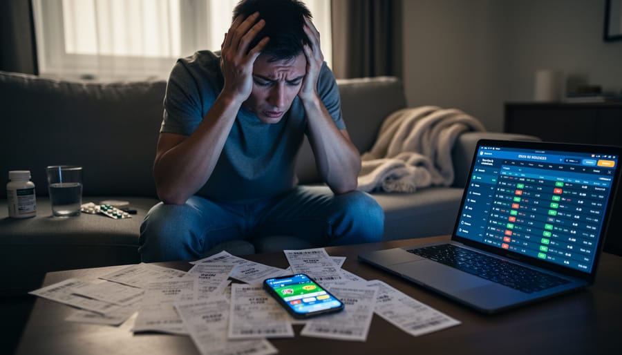 Stressed man with head in hands next to smartphone displaying sports betting app