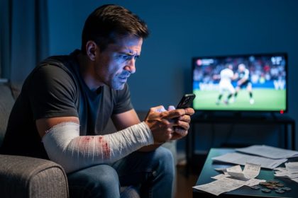 Anxious man on a sofa at night holding a smartphone, with a bandaged forearm visible; cool blue lighting, blurred TV showing indistinct sports action, and scattered papers and coins suggesting financial stress.