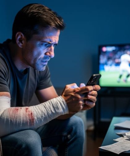 Anxious man on a sofa at night holding a smartphone, with a bandaged forearm visible; cool blue lighting, blurred TV showing indistinct sports action, and scattered papers and coins suggesting financial stress.