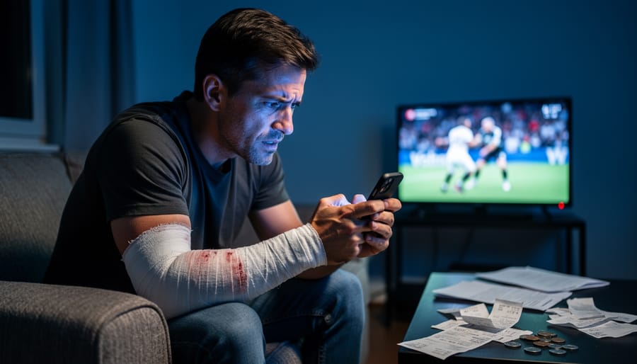 Anxious man on a sofa at night holding a smartphone, with a bandaged forearm visible; cool blue lighting, blurred TV showing indistinct sports action, and scattered papers and coins suggesting financial stress.