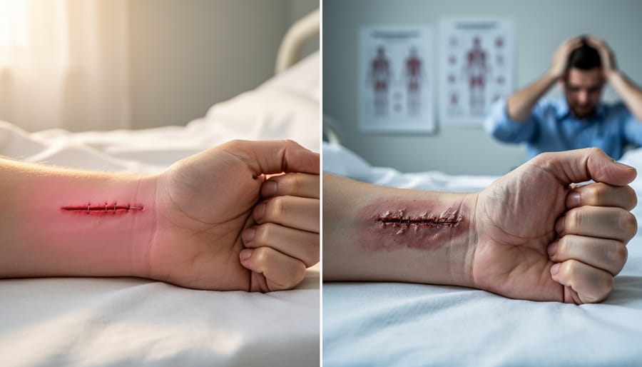 Medical professional examining healing surgical wound with visible sutures on patient's arm