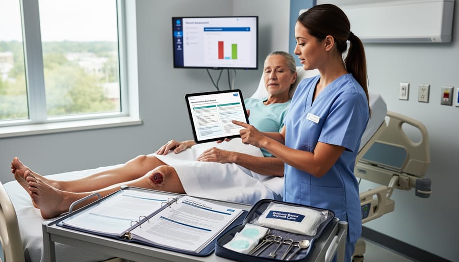 Clinician reviewing wound care guidance documents and medical supplies on a workstation