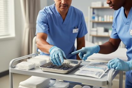 Diverse clinicians working together in a wound-care setting with sterile dressing and assessment supplies, illustrating leadership and teamwork in patient care.