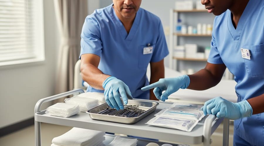 Diverse clinicians working together in a wound-care setting with sterile dressing and assessment supplies, illustrating leadership and teamwork in patient care.