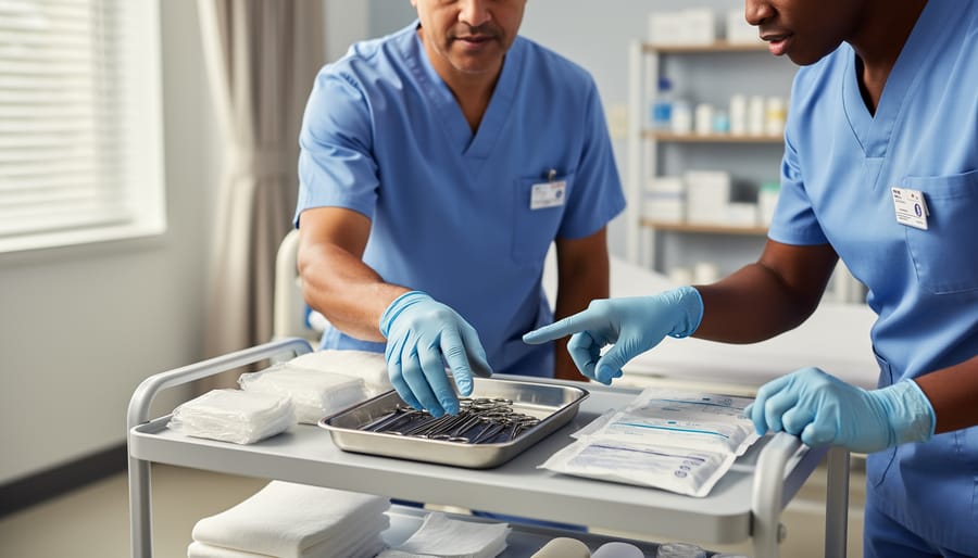 Diverse clinicians working together in a wound-care setting with sterile dressing and assessment supplies, illustrating leadership and teamwork in patient care.