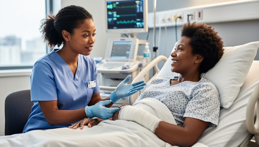 Wound care nurse gently examining a patient’s bandaged lower leg in a clinical room