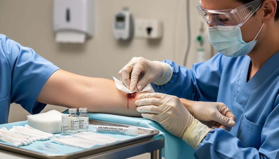 Clinician wearing gloves preparing a wound with sterile supplies in a clinical exam room.