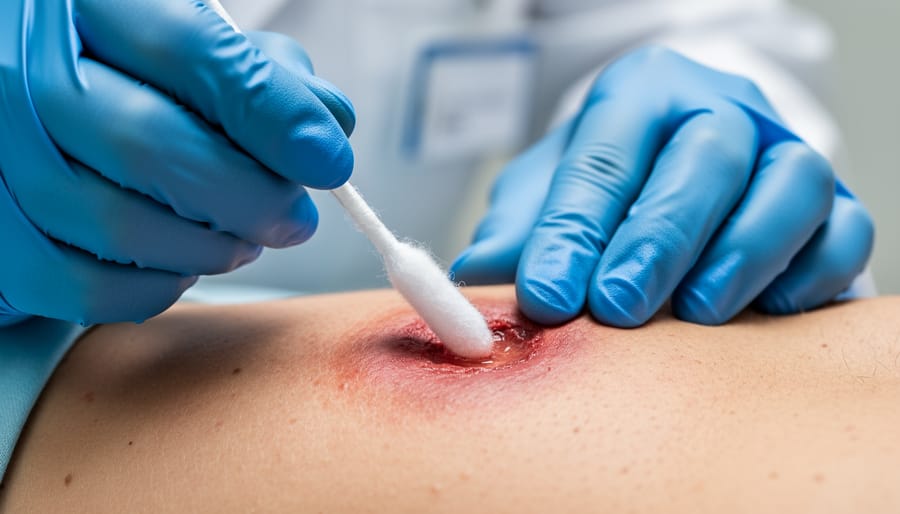 Close-up of a gloved clinician using a sterile swab on a wound surface.