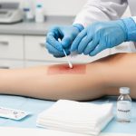 Gloved clinician hands holding a sterile swab over a cleaned wound dressing area in a clinical setting, with antiseptic gauze and swab materials nearby.