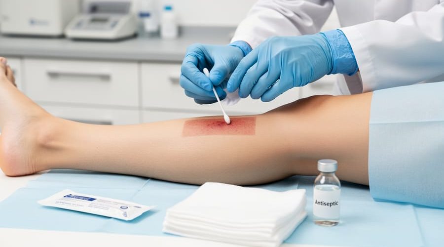 Gloved clinician hands holding a sterile swab over a cleaned wound dressing area in a clinical setting, with antiseptic gauze and swab materials nearby.