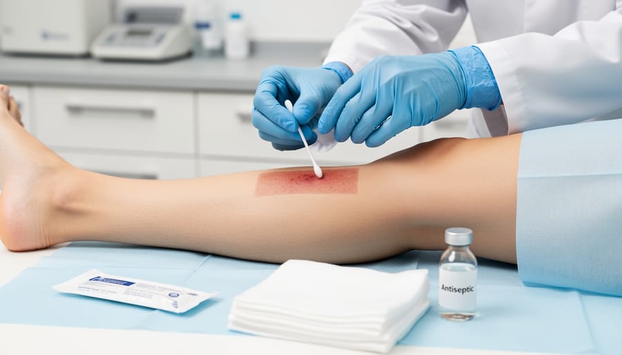 Gloved clinician hands holding a sterile swab over a cleaned wound dressing area in a clinical setting, with antiseptic gauze and swab materials nearby.