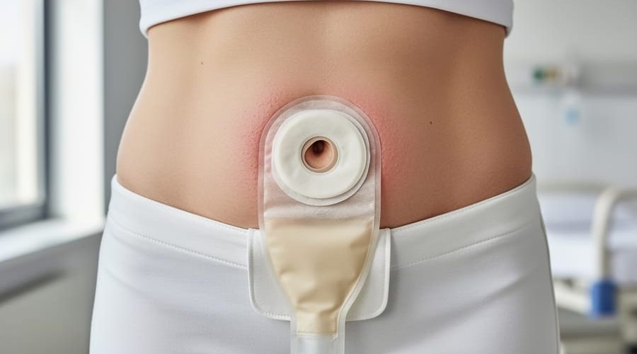 Close-up of intact, healthy peristomal skin around a stoma with an ostomy pouch properly fitted on the abdomen.