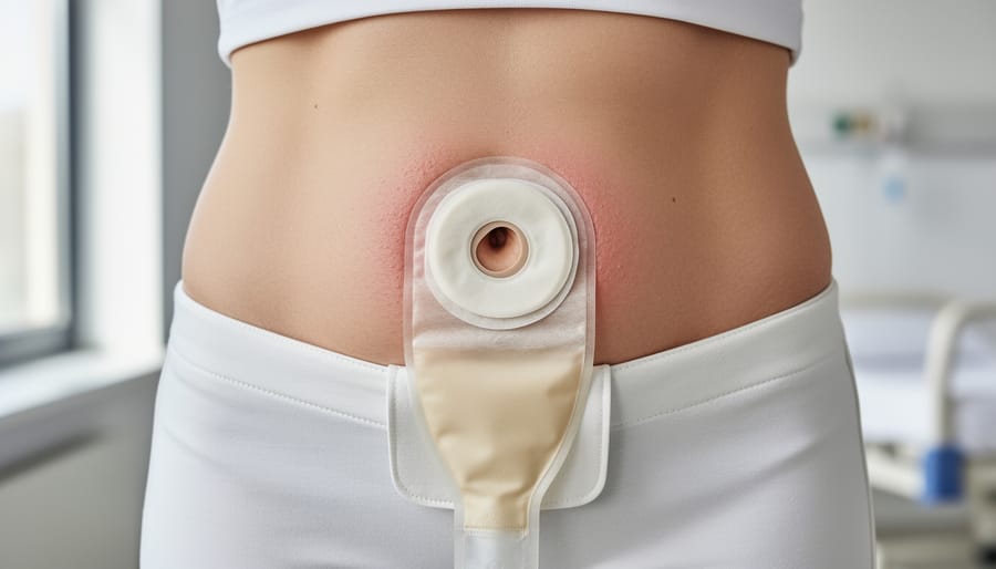 Close-up of intact, healthy peristomal skin around a stoma with an ostomy pouch properly fitted on the abdomen.