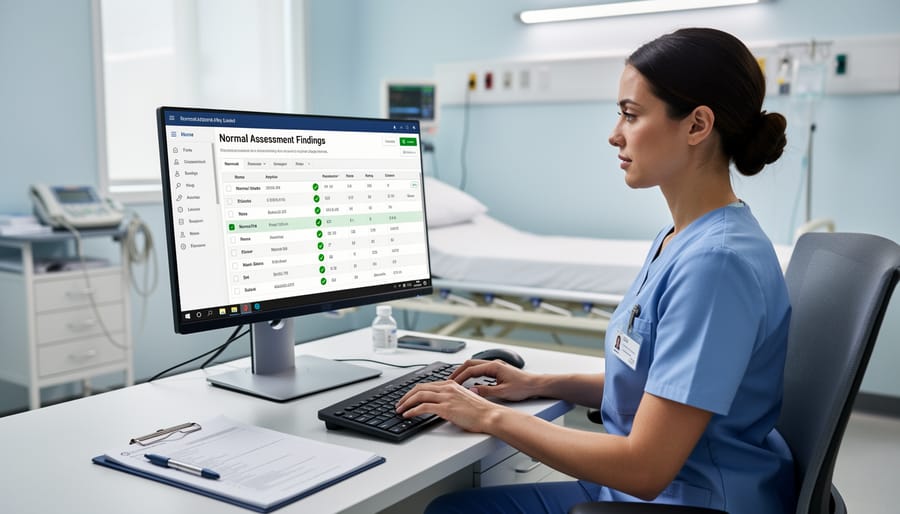 Ostomy nurse documenting peristomal skin assessment findings with a patient in a clinical room
