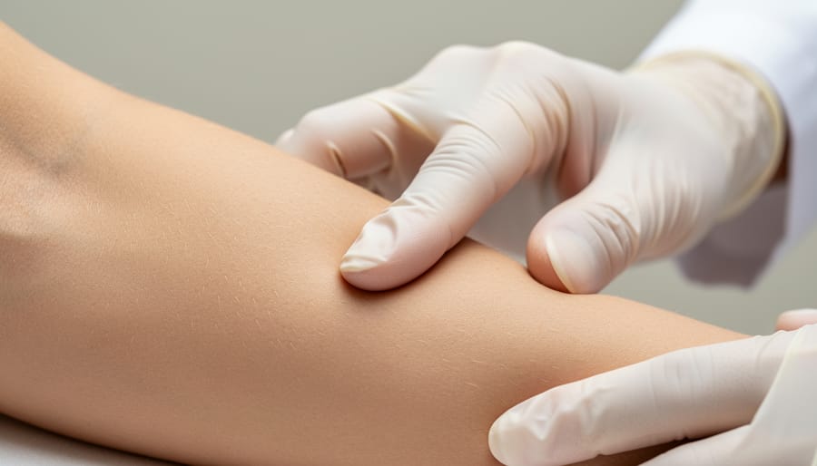 Macro close-up of caregiver’s gloved hand gently assessing smooth, intact peristomal skin