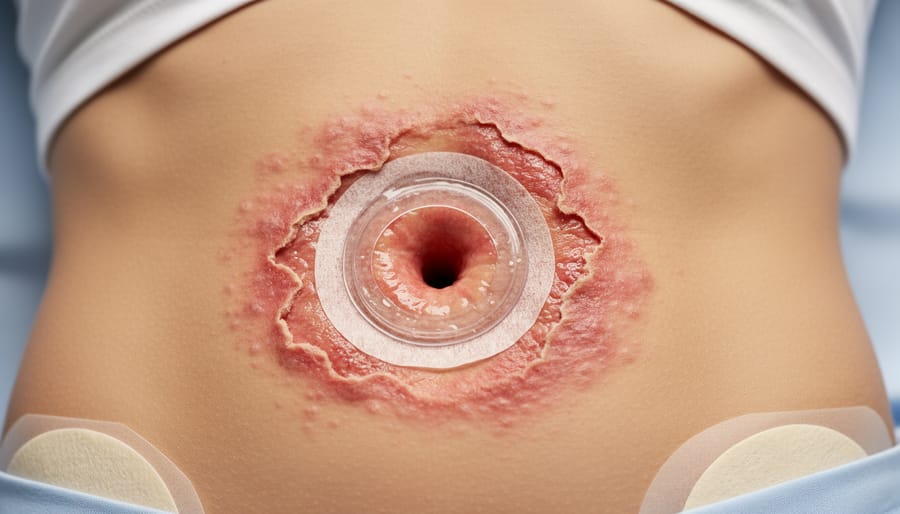 Close-up of peristomal skin with severe irritation and superficial erosion indicating moisture-associated damage