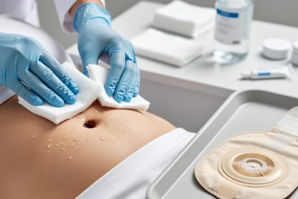 Gloved hands cleaning and pat-drying skin around an ostomy stoma while preparing a fresh pouching barrier on the abdomen.