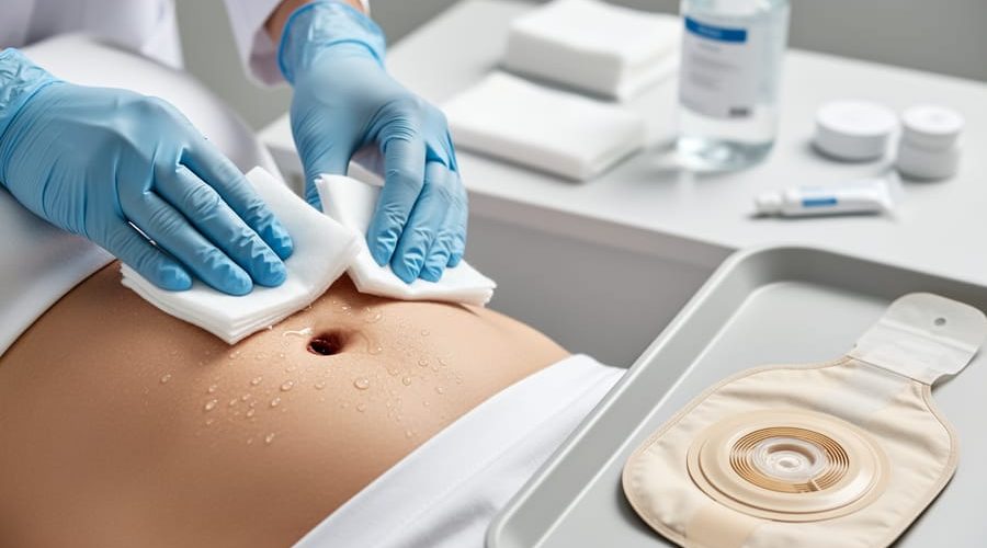 Gloved hands cleaning and pat-drying skin around an ostomy stoma while preparing a fresh pouching barrier on the abdomen.