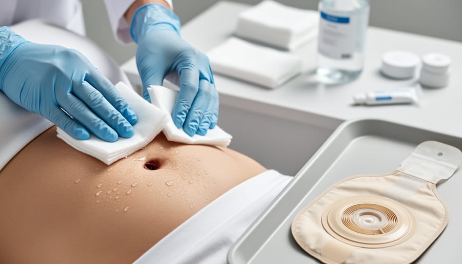 Gloved hands cleaning and pat-drying skin around an ostomy stoma while preparing a fresh pouching barrier on the abdomen.