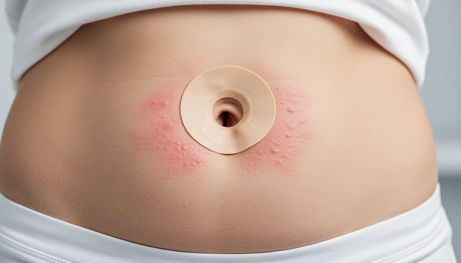 Close-up of peristomal skin with mild redness around an ostomy stoma area in a clinical setting