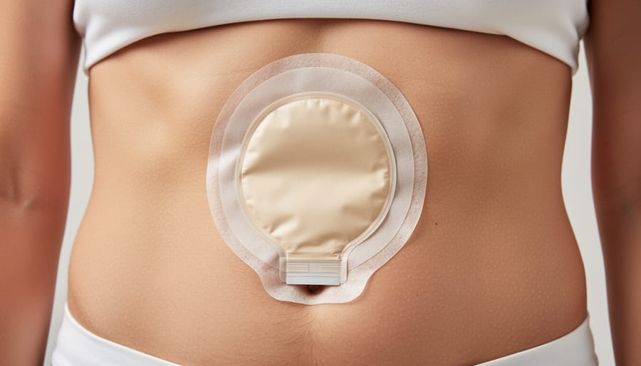Ostomy pouching system attached to the abdomen showing a secure seal around the stoma area